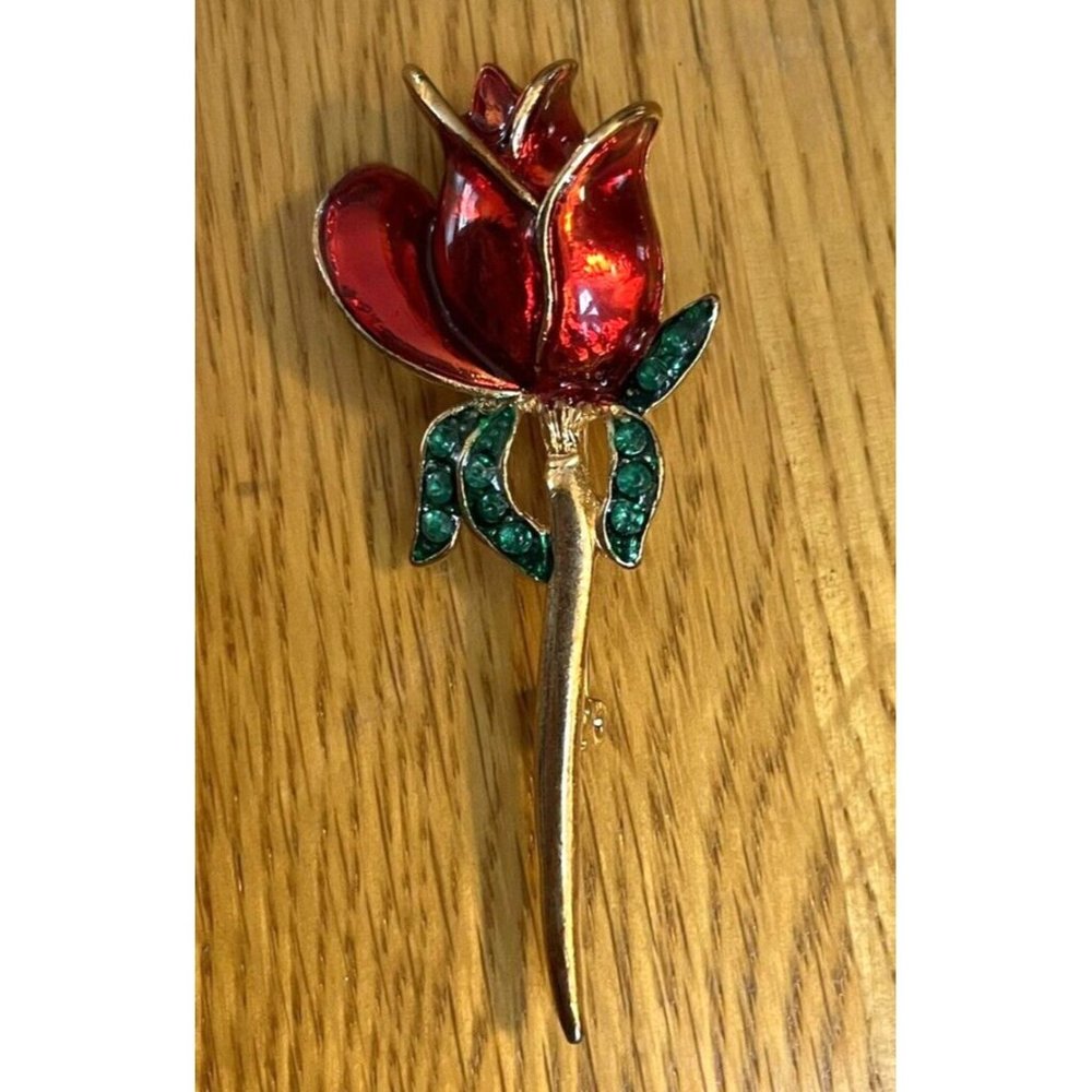 Vtg Enamel Red Rose Brooch Mothers Day Gift Gold Tone Jewelry Fashion Rhinestone